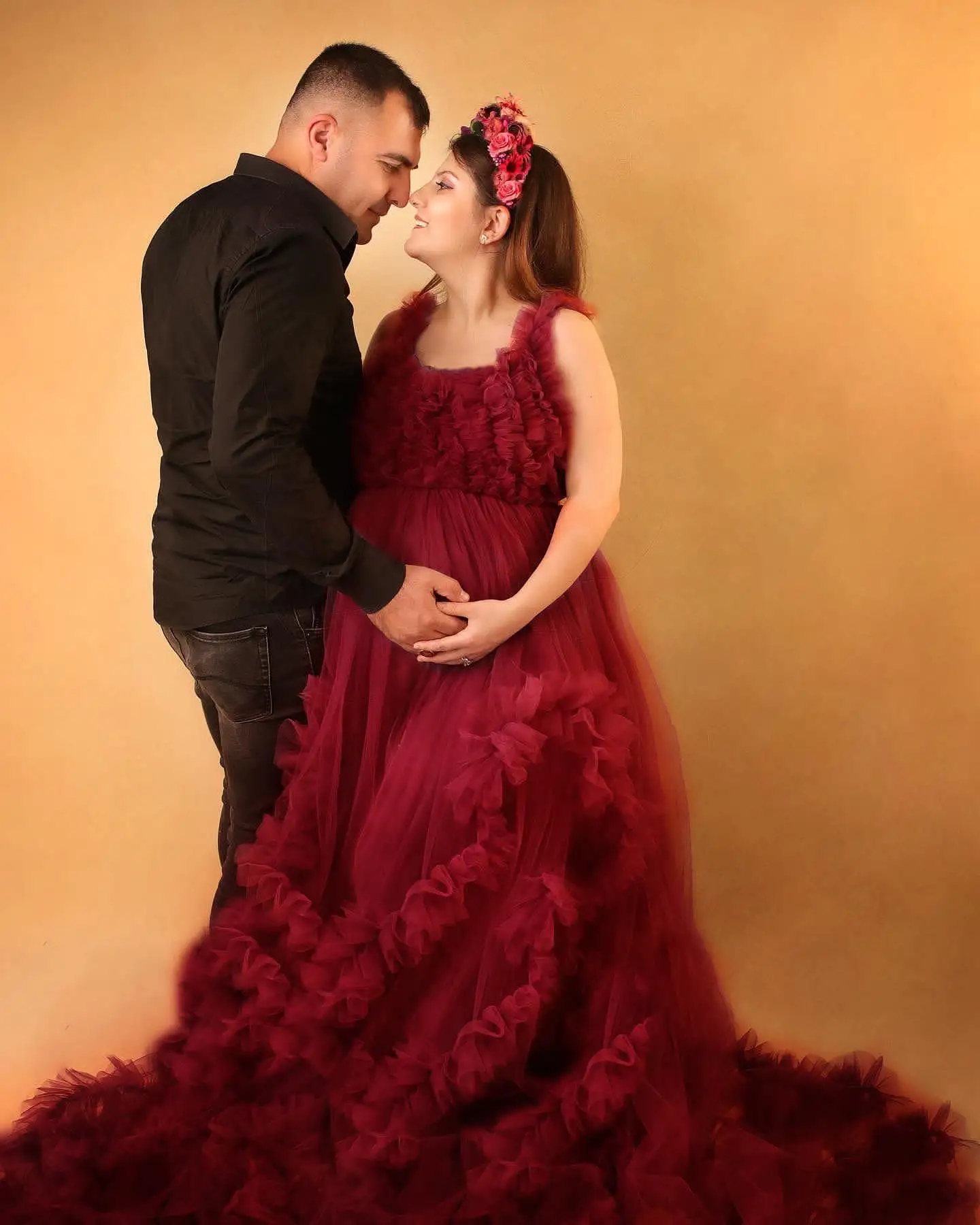 Red Maternity Dresses for Photoshoot Baby Shower Sleeveless Tiered Ruffles Tulle Bridal Prom Gown Women Pregnant Robes