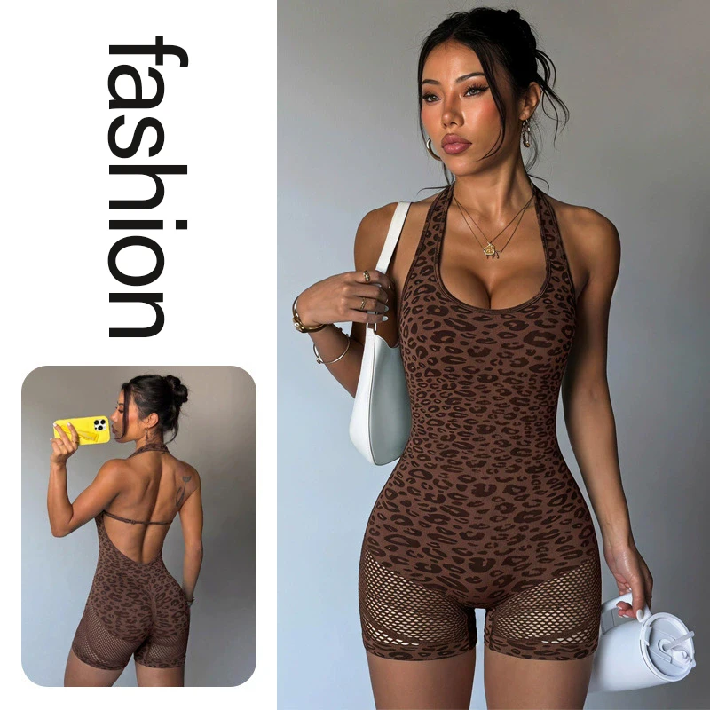 New Leopard Print One-Piece Yoga Wear Women's Halter-Neck Backless Hip-Lifting Shorts Fitness One-Piece Garment