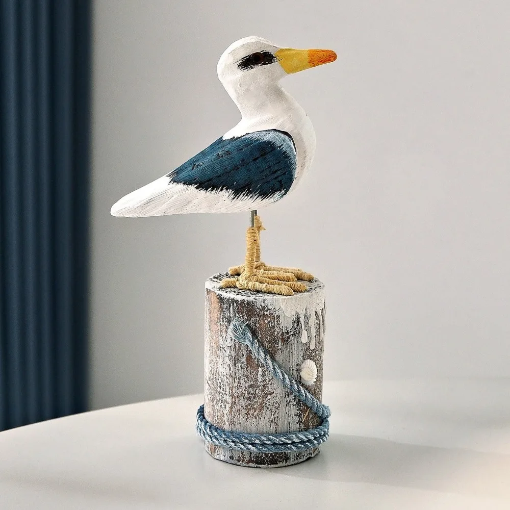 

Elegant Mediterranean Style Wooden Seagull Craft Handmade Seaside Theme Seabird Ornament Vintage Seagull Model Home Decor