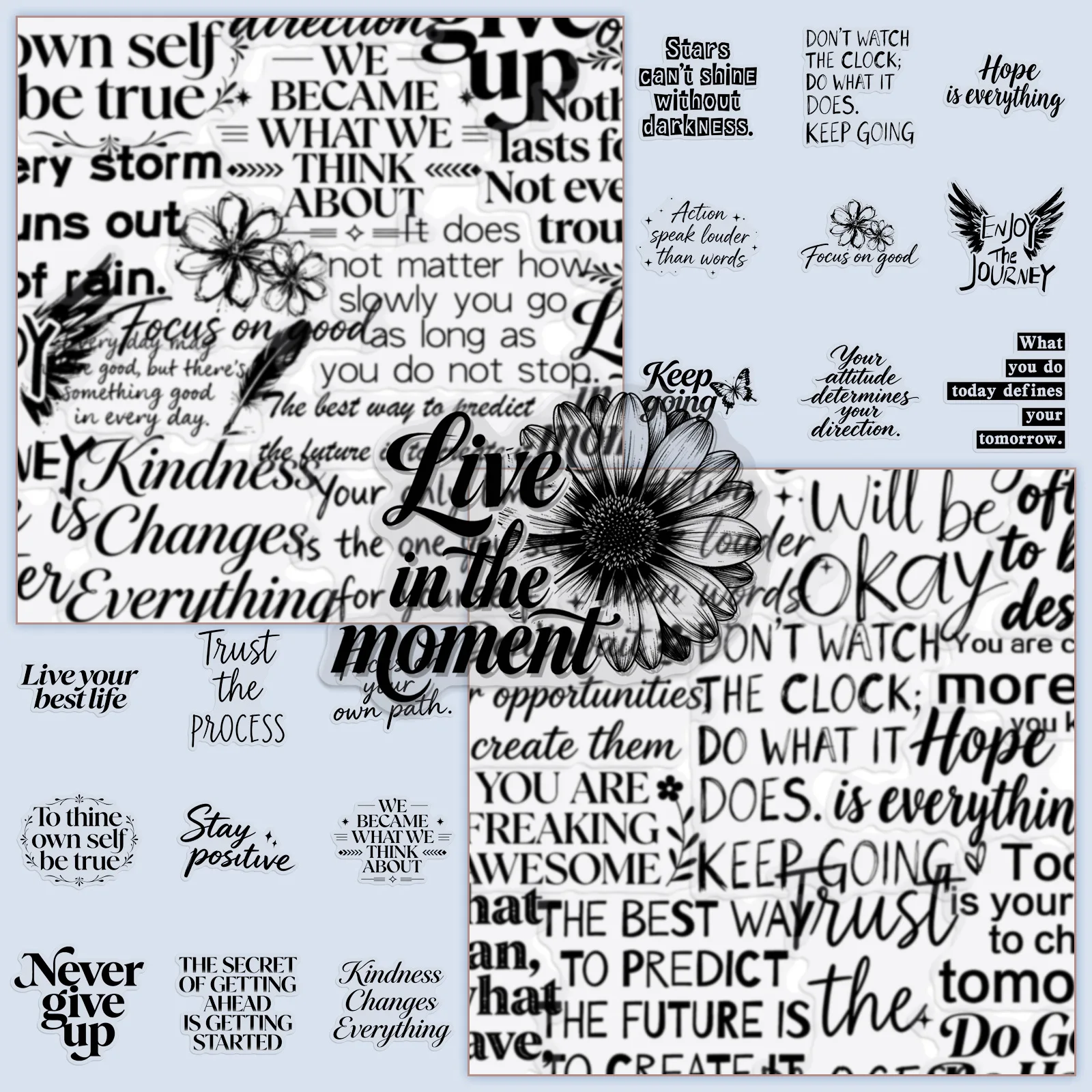 50pcs Black & White Quote Phone Sticker Pack Motivational Phrases Floral Decals Waterproof Stickers for Journal Phone Case Decor