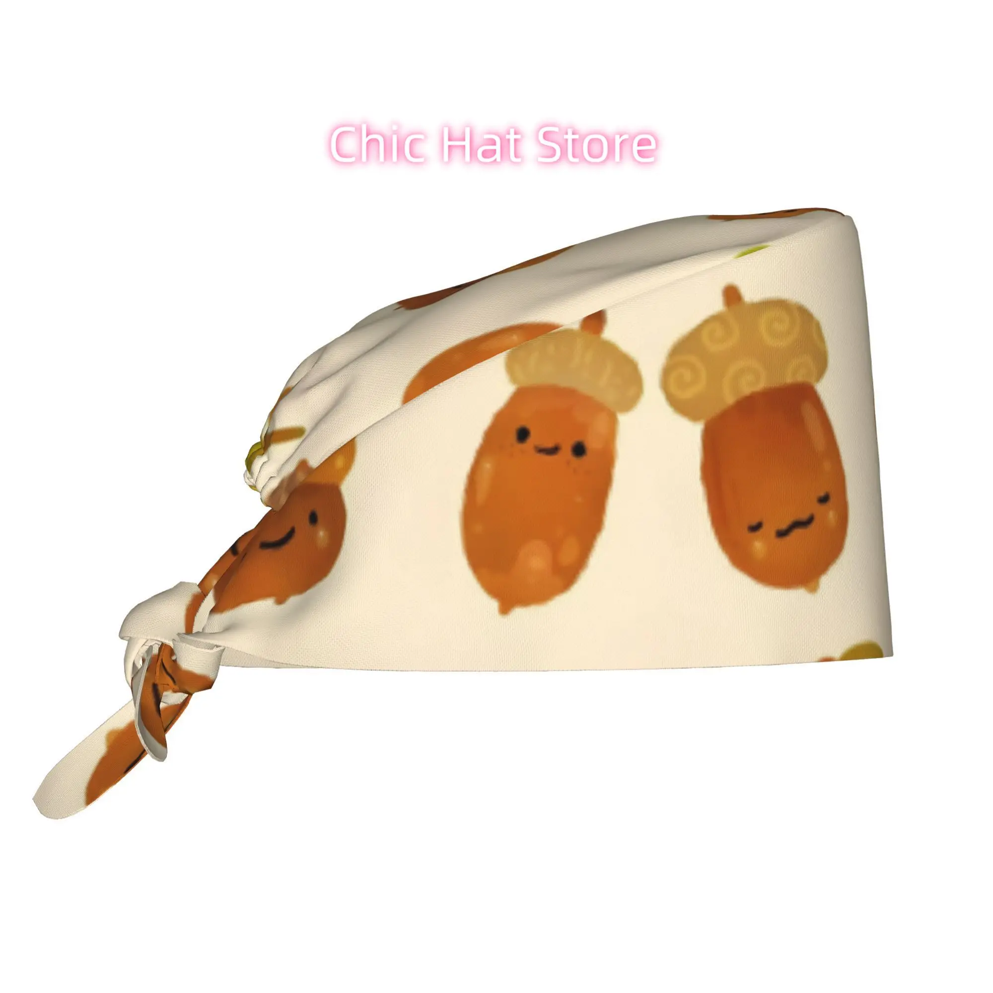 Acorns Adjustable Lace-Up Work Cap for Nurses & Chefs - Lightweight Breathable Uniform Hat with Smiling Potato & Acorn Design (B