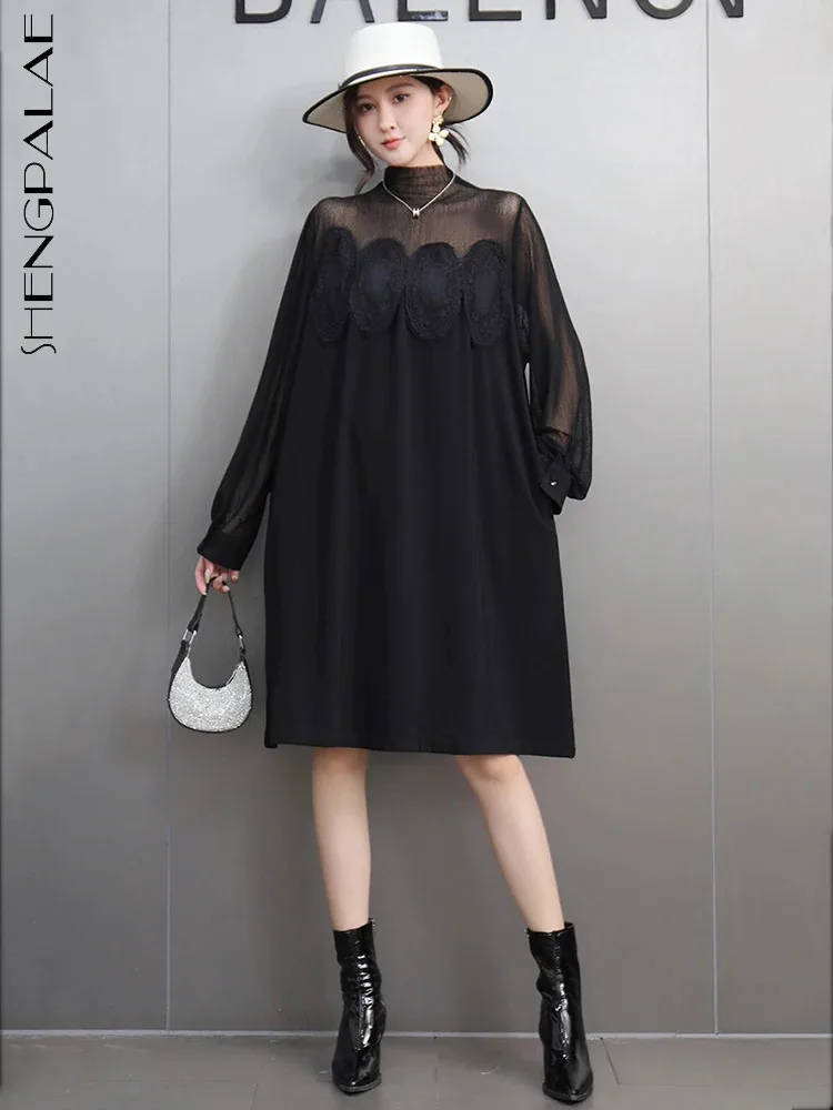 SHENGPALAE Fashion Women Dresses 2025 Spring New Elegant Chic Style Stand Collar Long Sleeves Casual Spliced Mesh Dress 5G636