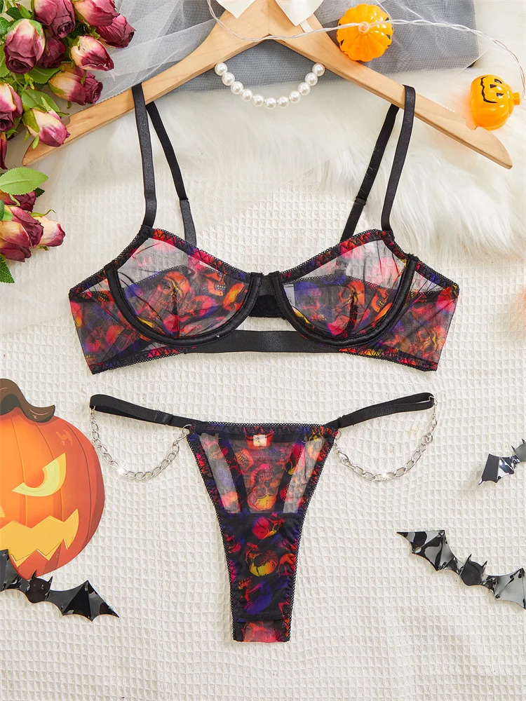 Sexy Woman Lingerie Push Up Bra Set Halloween Skull Print Intimate Underwear Sexi Thongs Chain Fancy Underwear Translucent Bras