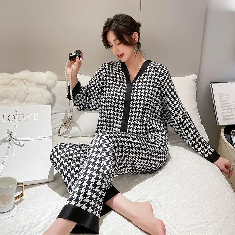 New Houndstooth Autumn Women's Pajamas Set Print Sleepwear Like Silk Nightie Leisure Long sleeve Button Homewear Nightwear Set