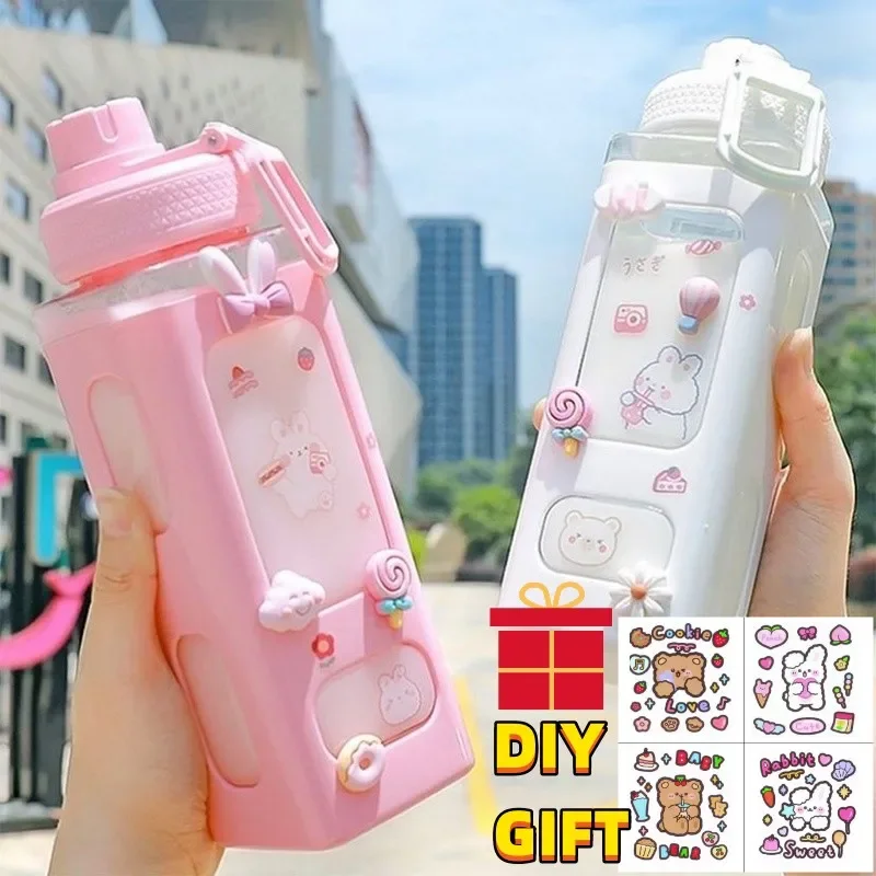 700ml Cute Water Bottle for Girls with Lid Straw Sticker Plastic Juice Milk Portable Kawaii Tumbler Children's Drinkware DIY Gif