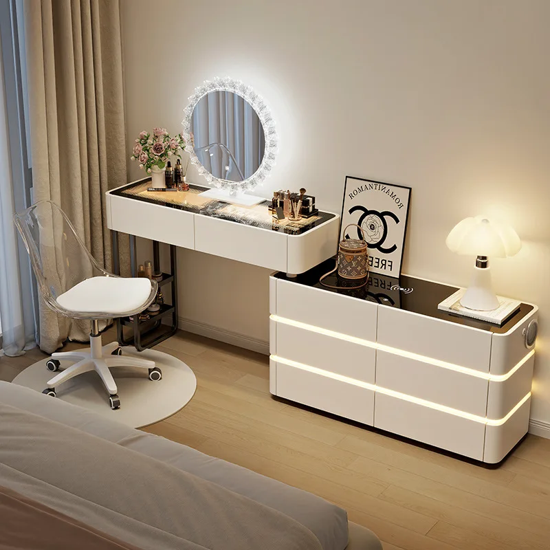 Modern Dressing Table Vanity Desk with Wireless Charge Station Bluetooth Glass Top LED Mirror with 6 Drawer Storage Side Cabinet