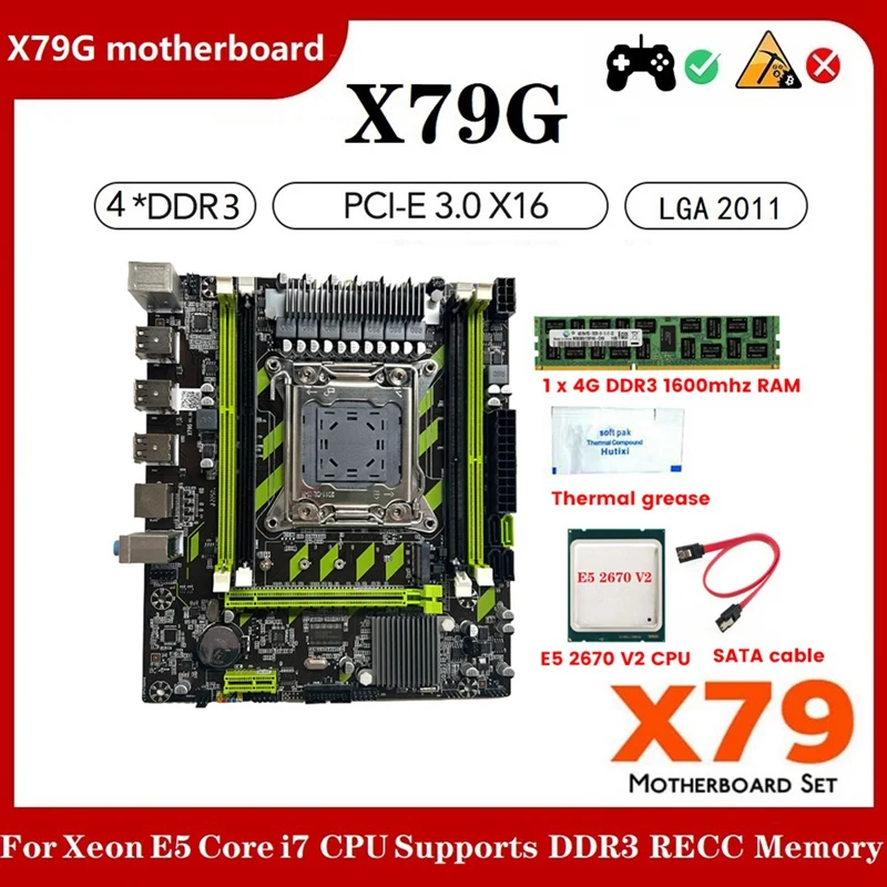 

X79G Motherboard+E5 2670 V2 CPU+4G DDR3 1600Mhz RAM+SATA Cable+Thermal Grease LGA2011 4XDDR3 RECC Slot M.2 NVME PCIE X16