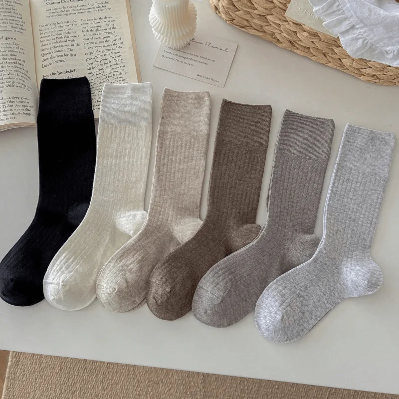 Damensocken Neue Mode Frühling Sommer Dünne Lange Socken für Frauen Einfarbige Baumwolle Weiße Crew-Socken Lässiger Koreanischer Stil