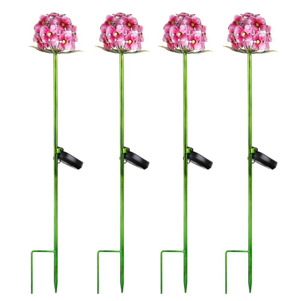 Set di 4 paletti solari da giardino con ortensia rosa