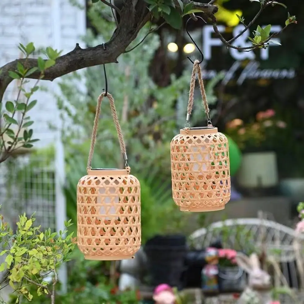 Vintage Solar Lantern Outdoor Garden Light Chinese Bamboo Weave Hanging Lamp Waterproof Yard Decorative Lighting