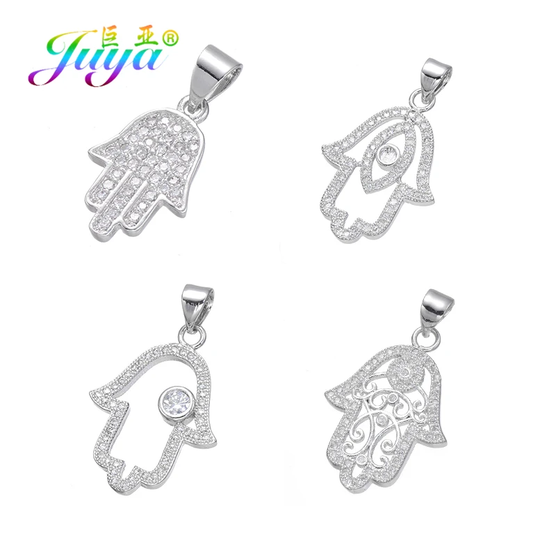 Juya DIY Turkish Jewelry Fittings 18K Plated Copper Hamsa Hand Fatima Pendant For Women Charm Bracelet Necklace Earring Making