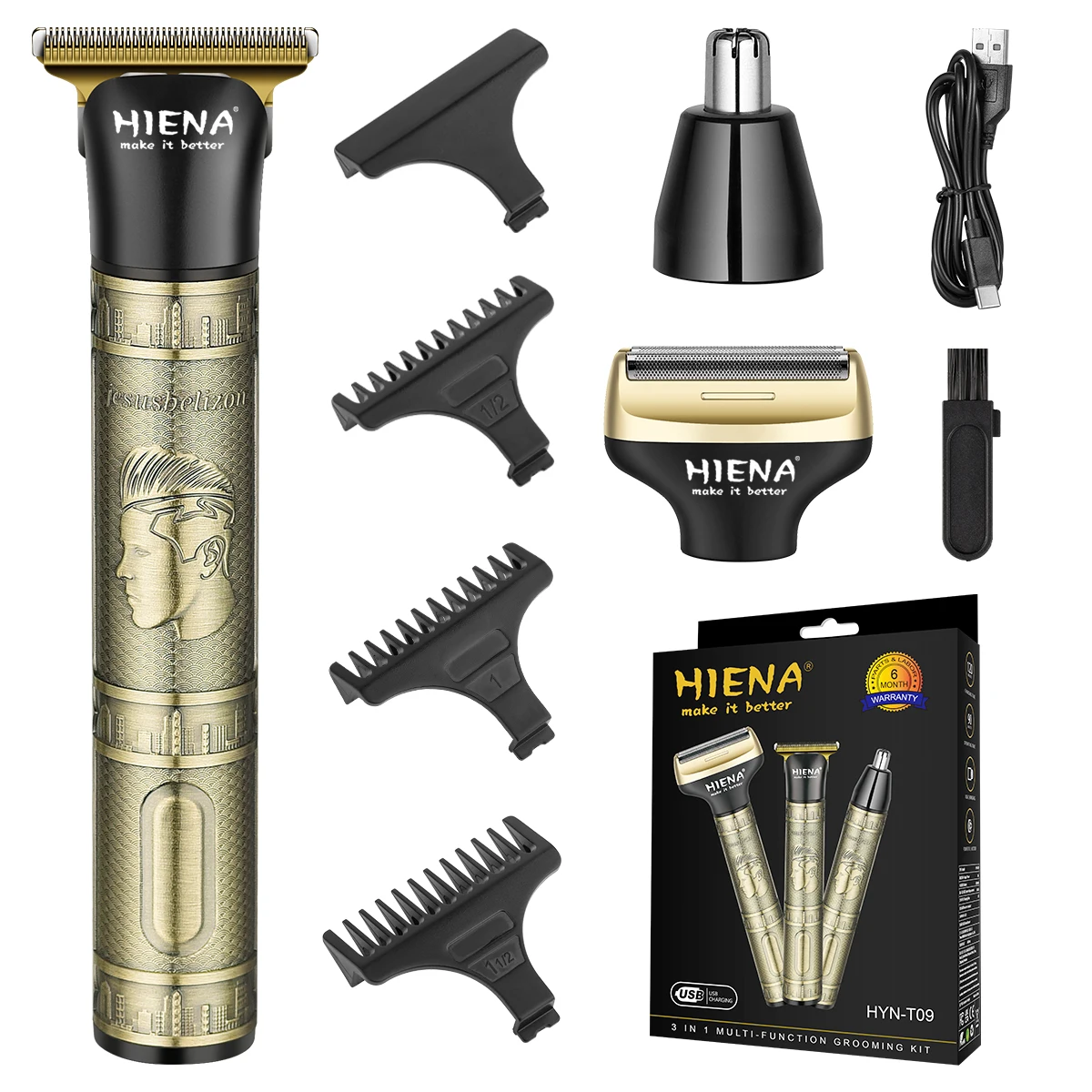 

HIENA 3-in-1 Men's Multi-Function Grooming Kit HYN-T09, USB Rechargeable Hair Clipper Beard Trimmer Nose Hair Shaver