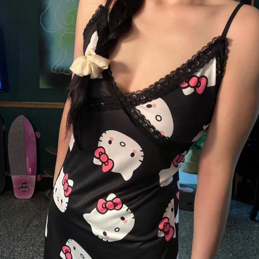 

Hello Kitty Sleepwear Sexy Girl Pajama Dress Sanrio Summer Anime Dress Cartoon Nightdress Cute Lace Sexy Pajamas Girls Gift2025