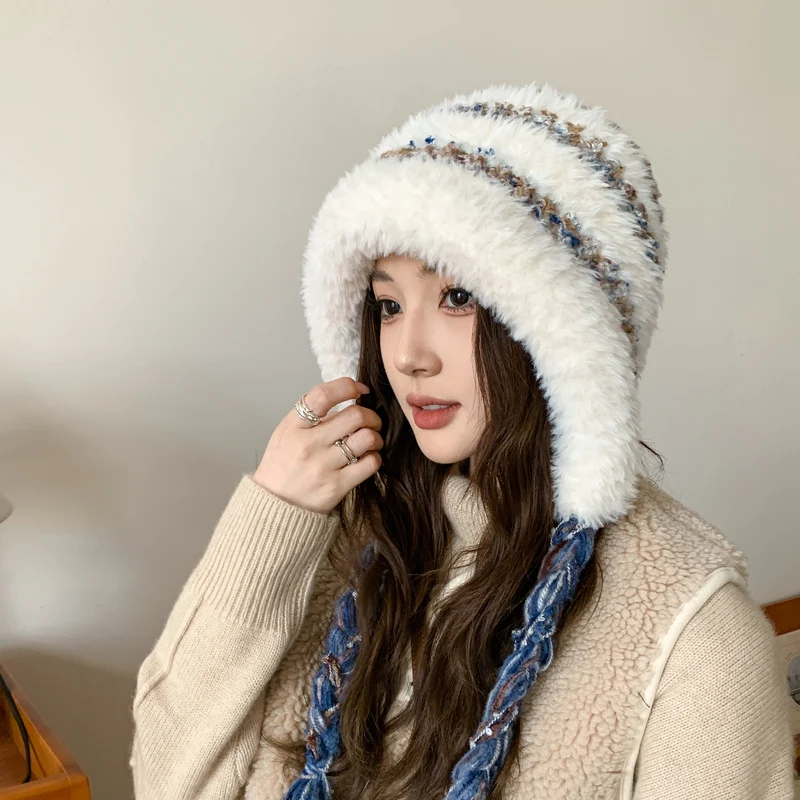 Winter Striped Ladies Warm Knitted Thickeing Hat Outdoor Ear Protection Plus Velvet Beanie for Women's Pullover Hats Female R222