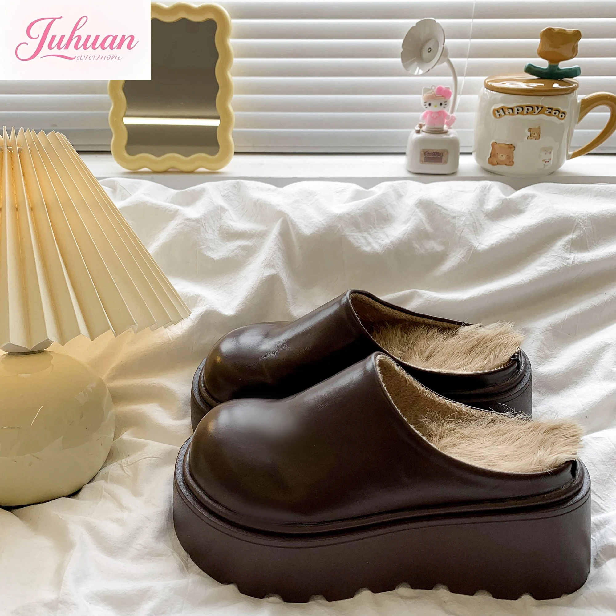 

Thick-bottomed Bag Head Half Slippers Women's Autumn and Winter New Lazy One-pedal Velvet Waterproof Cotton Slippers