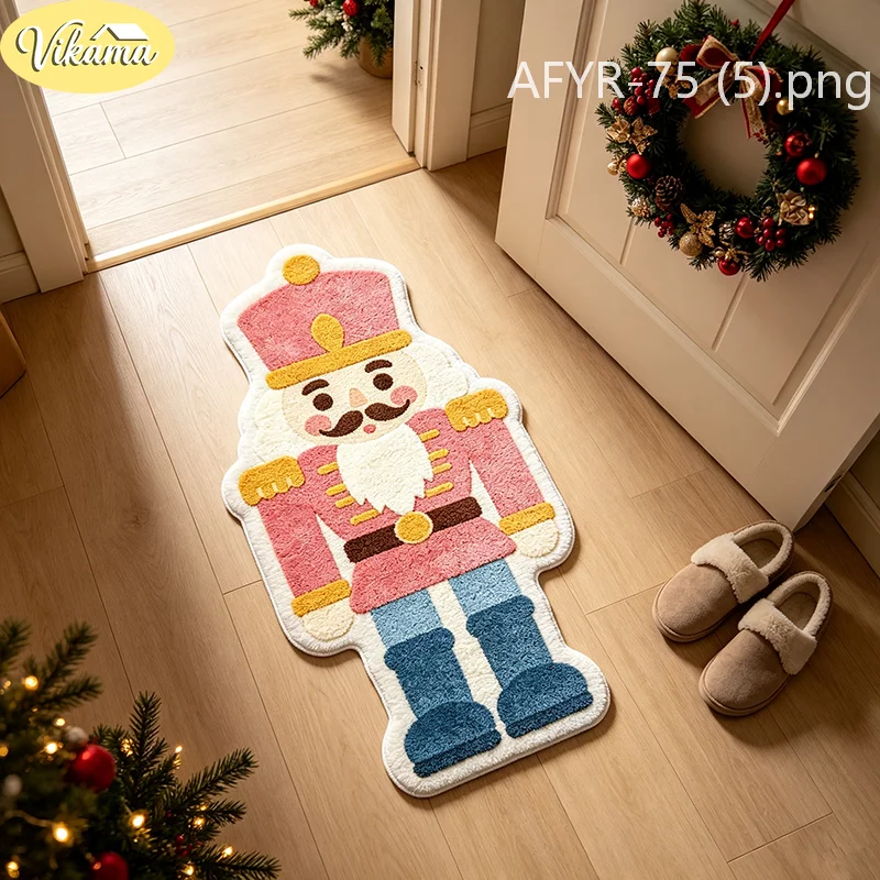 VIKAMA Nutcracker Soldier Shaped Plush Rug Soft Anti‑Slip Floor Mat Christmas For Entryway Bedroom Home Decor
