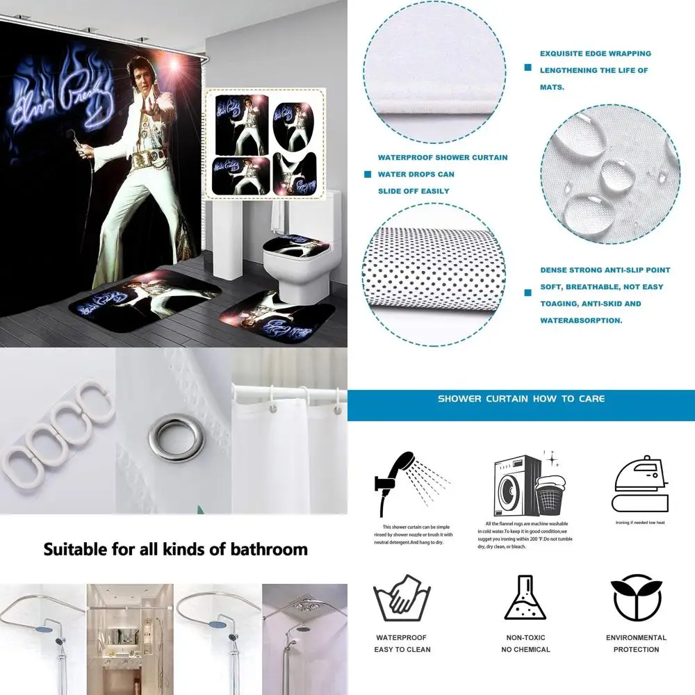 

Elvis-Themed Bathroom Set: Shower Curtain, Toilet Seat Cover, Bath Mat, Non-Slip Rugs, Waterproof, Decorative, 72x72