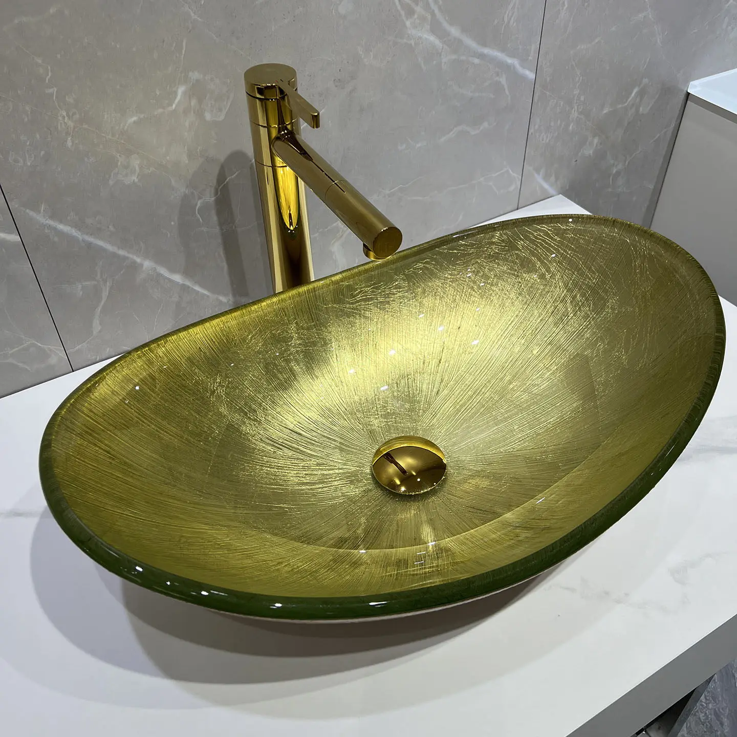 Gold Textured Tempered Glass Oval Countertop Basin Artistic Washbasin for Bathroom
