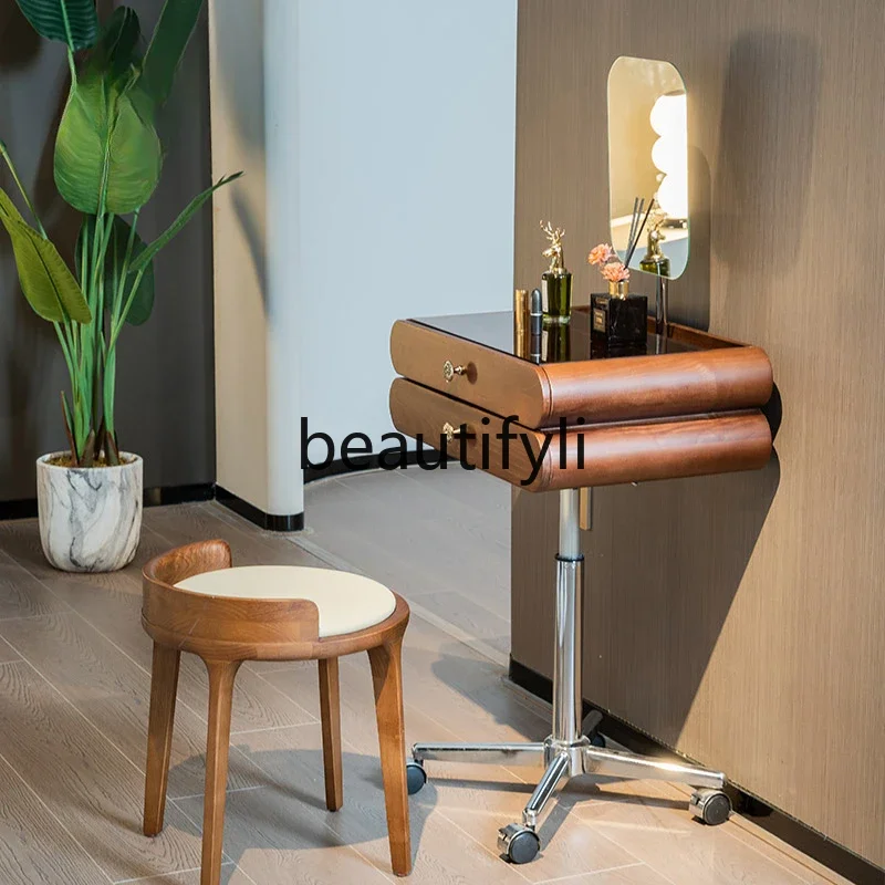 Small solid wood storage integrated makeup table light luxury simple rotating lifting makeup mirror dresser