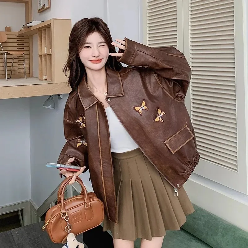 한국 여성 자수 인조 가죽 탑 코트 가을 여성 나비 PU 가죽 재킷 2025 여성 긴팔 가죽 아우터