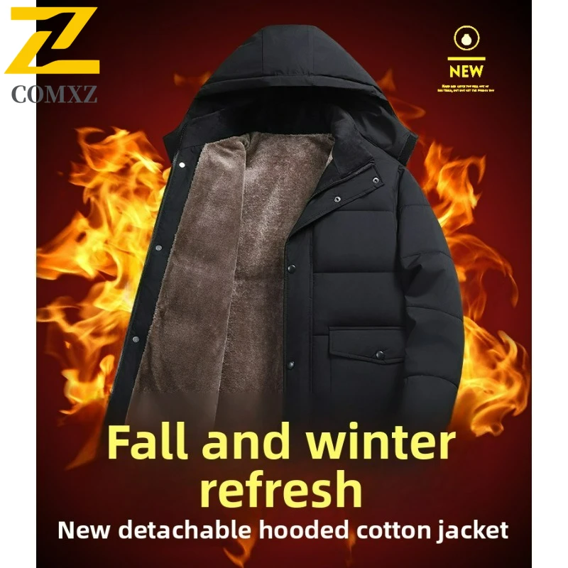 

COMXZ 2025: мужская зимняя дополнительная рабочая одежда, хлопковая куртка со съемным капюшоном, пальто среднего возраста, повседневная парка для рыбалки на открытом воздухе