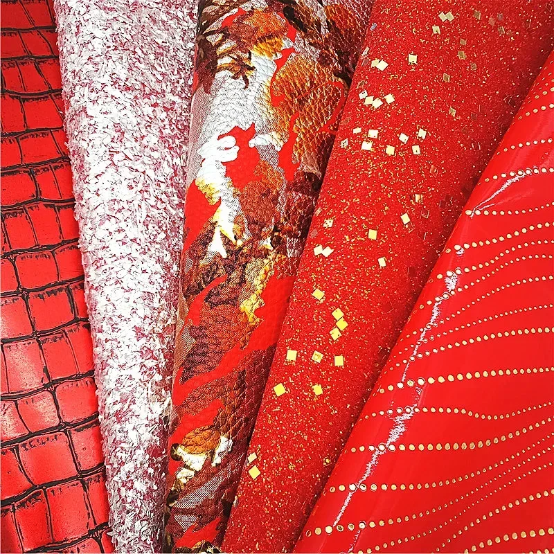 Red Glitter Leather Sheets Metallic Flowers Faux Leather Crocodile Dots Pattern Faux Leather For Bows DIY Craft Sheets W436