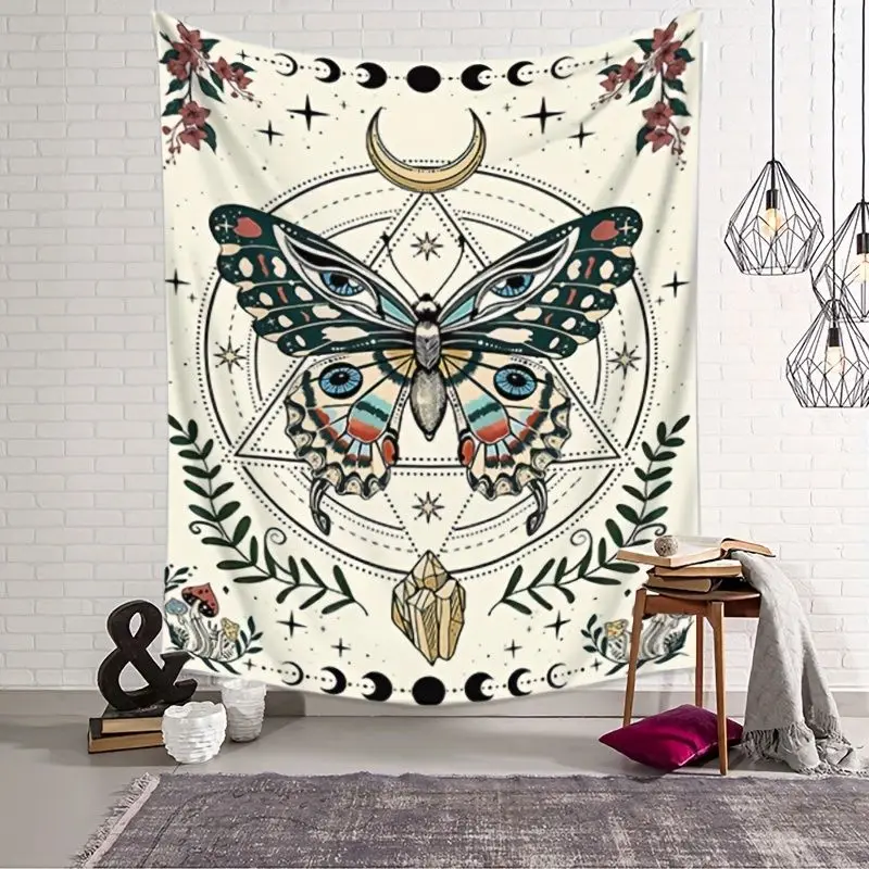 VIKAMA Vintage Retro Butterfly Moon Phase Hexagram Mysterious Tarot Tapestry, Occult Wall Art for Bedroom Living Room
