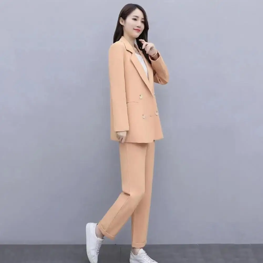 Women Spring Coat Elegant Women\'s Business Suit Set with Double-breasted Coat High Waist Pants for Formal Office Wear Commute