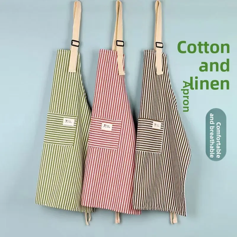 Household Striped Linen Apron Sleeveless Hanging Neck Adjustable Apron Dirt-resistant Cooking Gardening Kitchen Accessories