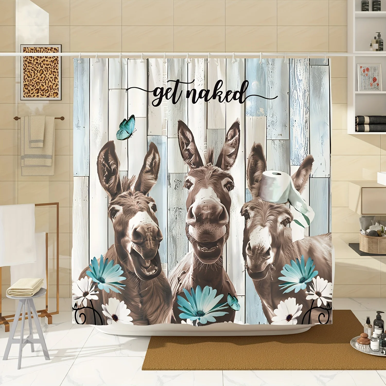 

Занавеска для душа с деревянной доской Donkey Blue Daisy, забавная занавеска для душа в фермерском доме из полиэфирной ткани