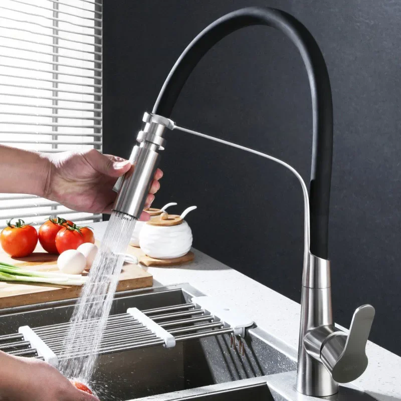 Stainless Steel Black Hose Kitchen Faucet Double Functions Sprayer Pull Out Kitchen Water Mixer Brushed Tap Ware White Red Green