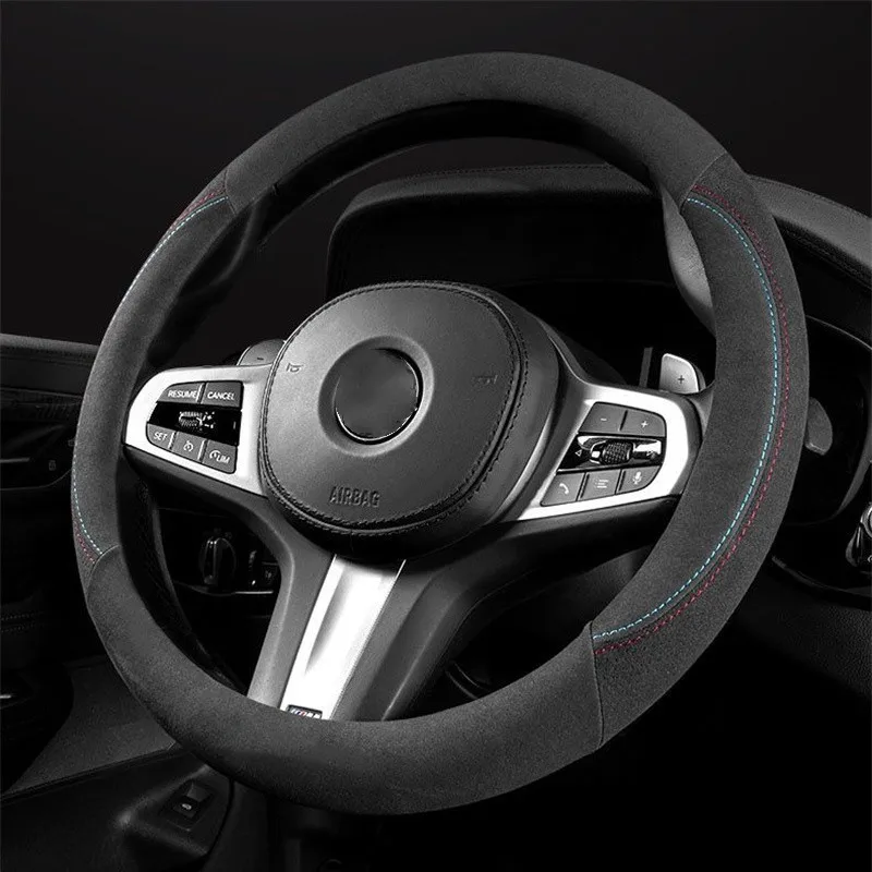 Car Steering Wheel Covers Cowhide Suede Steering Wheel Cover Wrap Universal 37-38cm Breathable Steering Covers Car Accessories