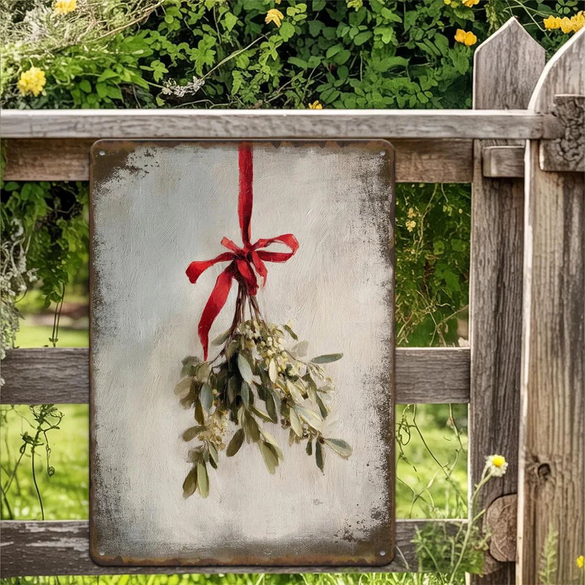 2D Flat, 2D Flat, A Vintage Metal Sign Featuring Christmas Mistletoe for a Neutral Holiday Theme, Suitable for Country Decor