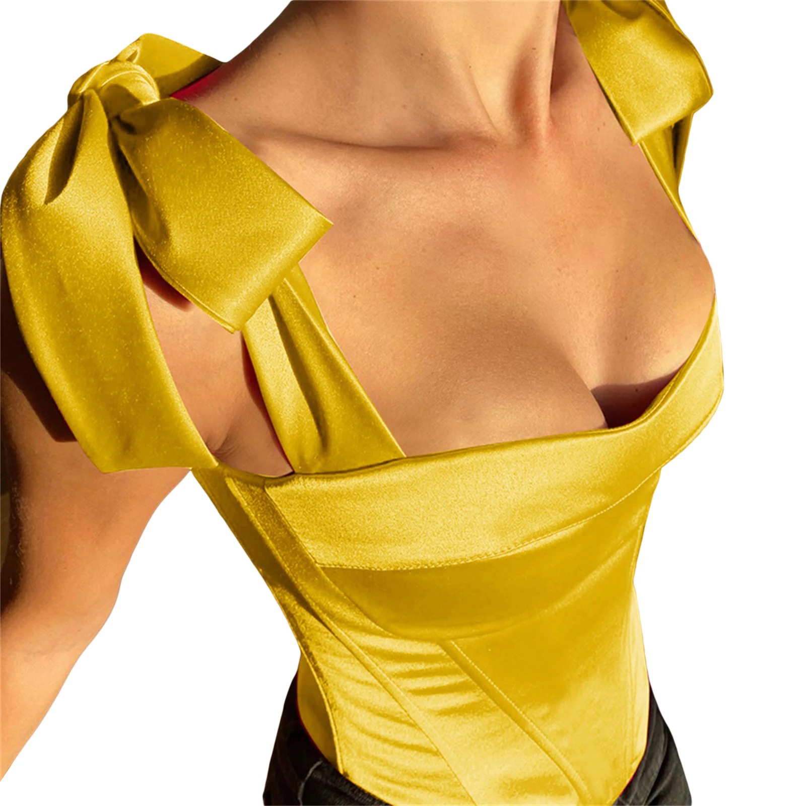 Women Stain Bustier Tops Y2k Solid Color Bow Tie Strap Sleeveless Backless Boned Corset Tops Club Streetwear