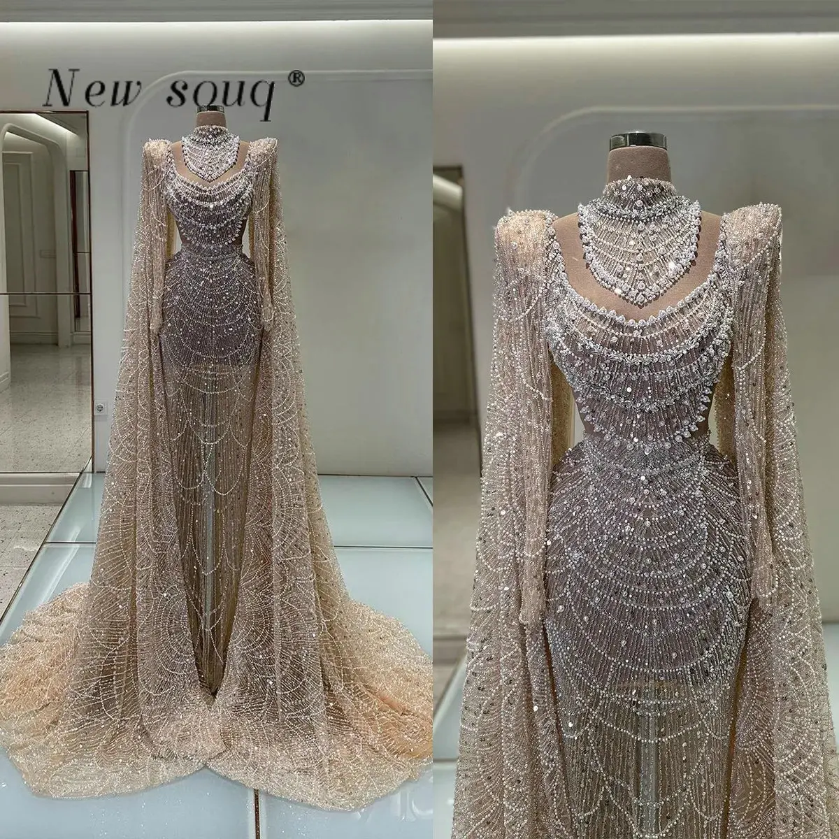 Dubai Champagne Muslim High Neck Evening Dresses with Long Cape Full Sleeve Beading Pearls Party Events Gowns Custom Made