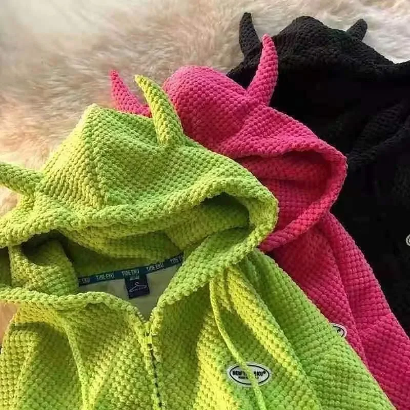 Women Harajuku Hoodies Y2k Retro Solid Overized Zip Up Jackets Costs Korean Autumn Winter Casual Knitting Hooded Sweatshirt Tops