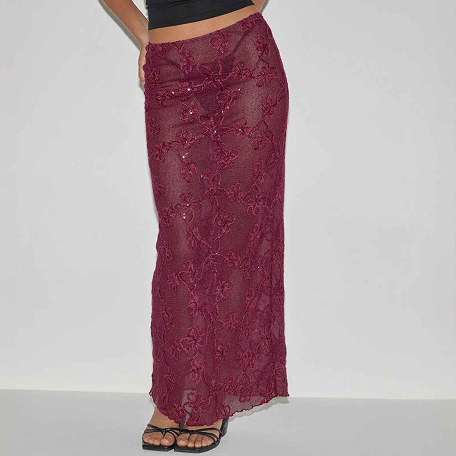 

Women Summer Wine Red Lace Beach Skirt Fashionable And Sexy Micro Transparent Half Skirt For Beach Vacation Party