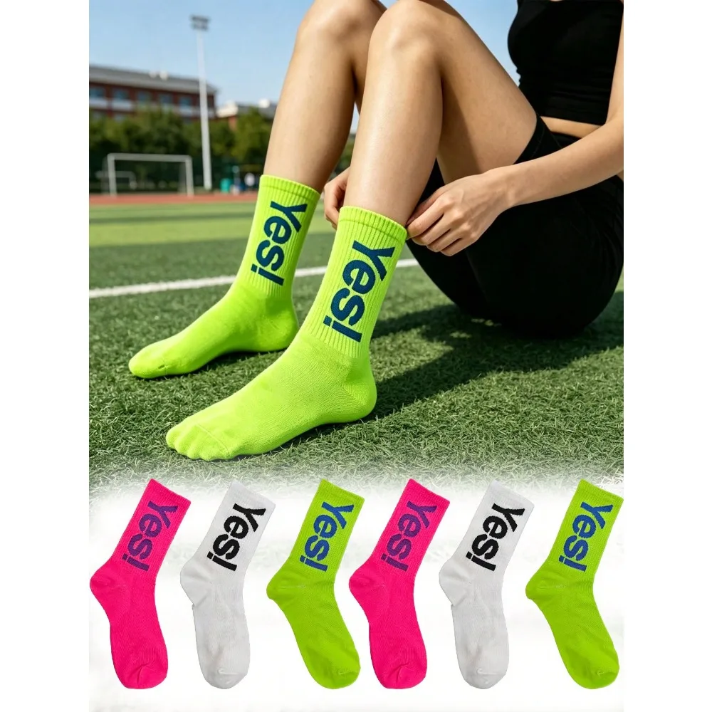 1/4 Pair Fluorescent Letter Pattern Socks, Breathable Sports Socks Suitable For Teenage Girls Daily Wear And Sports