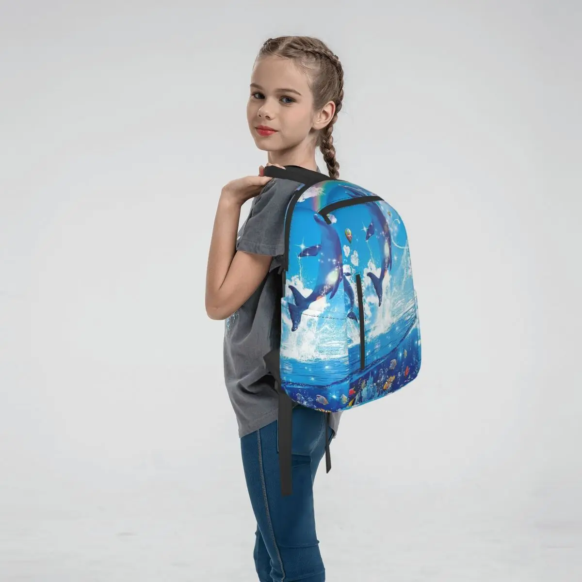 Dolphin Jumping Out Of Water And Full Moon Backpack Daypack Kids BookBag School Bag Shoulder Bags for Men Women