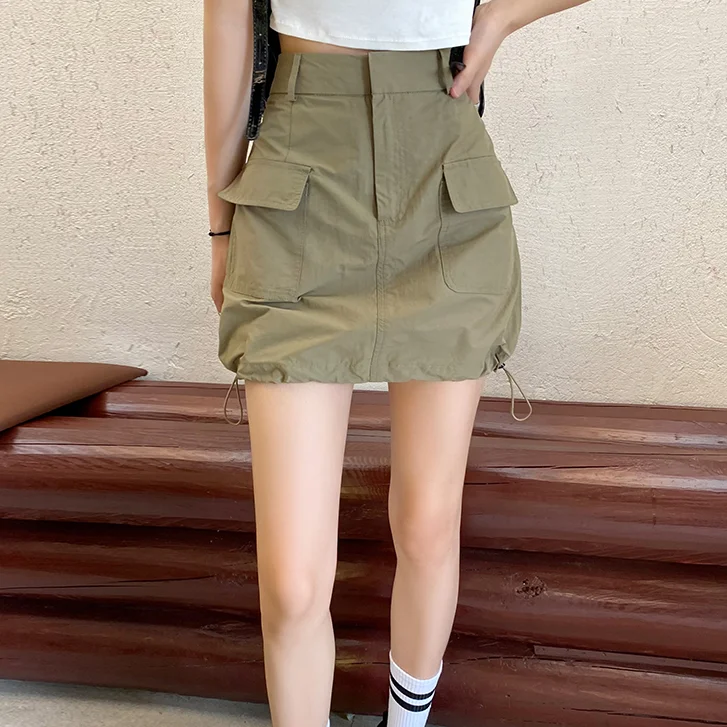 アメリカンミリタリー een ワークウェア スカート レディース ウエストシェイプ スリミングデザイン レトロ機能性 ハイウエスト Aラインスカート