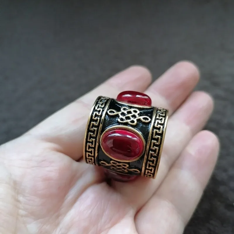 Tibetan Antique Collection 925 Silver Gold Plated Ring, Inlaid Ruby Red Corundum, Vintage Thumb Ring Jewelry