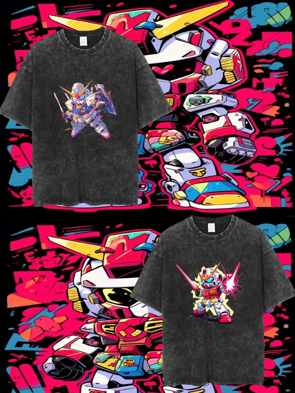 

Washed T-shirt Q Version Cute GUNDAM Mobile Fighter Comic Gundam Print Retro Cotton Washed Round Neck Loose Short Sleeve T-shirt