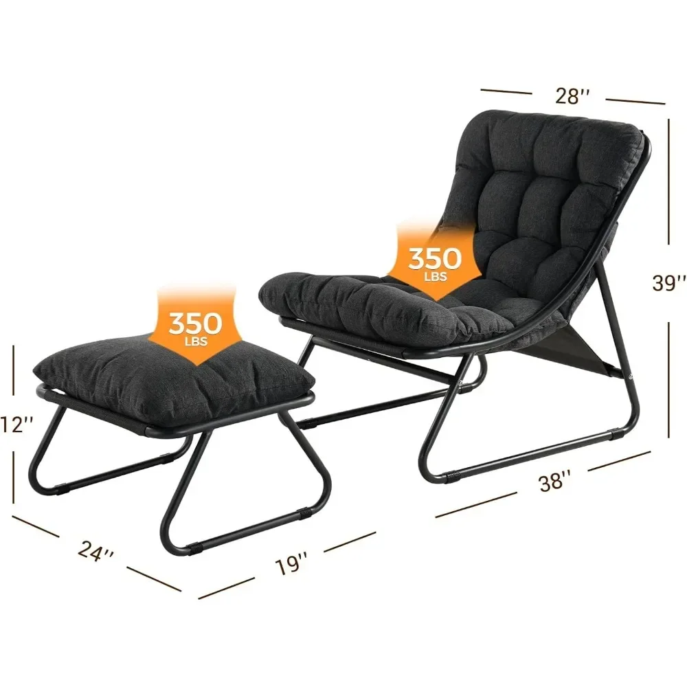 Outdoor Lounge Chair with Ottoman, Comfy Sling Recliner Chair with Puffy Cushion and Footstool, Samba Modern Patio Furniture