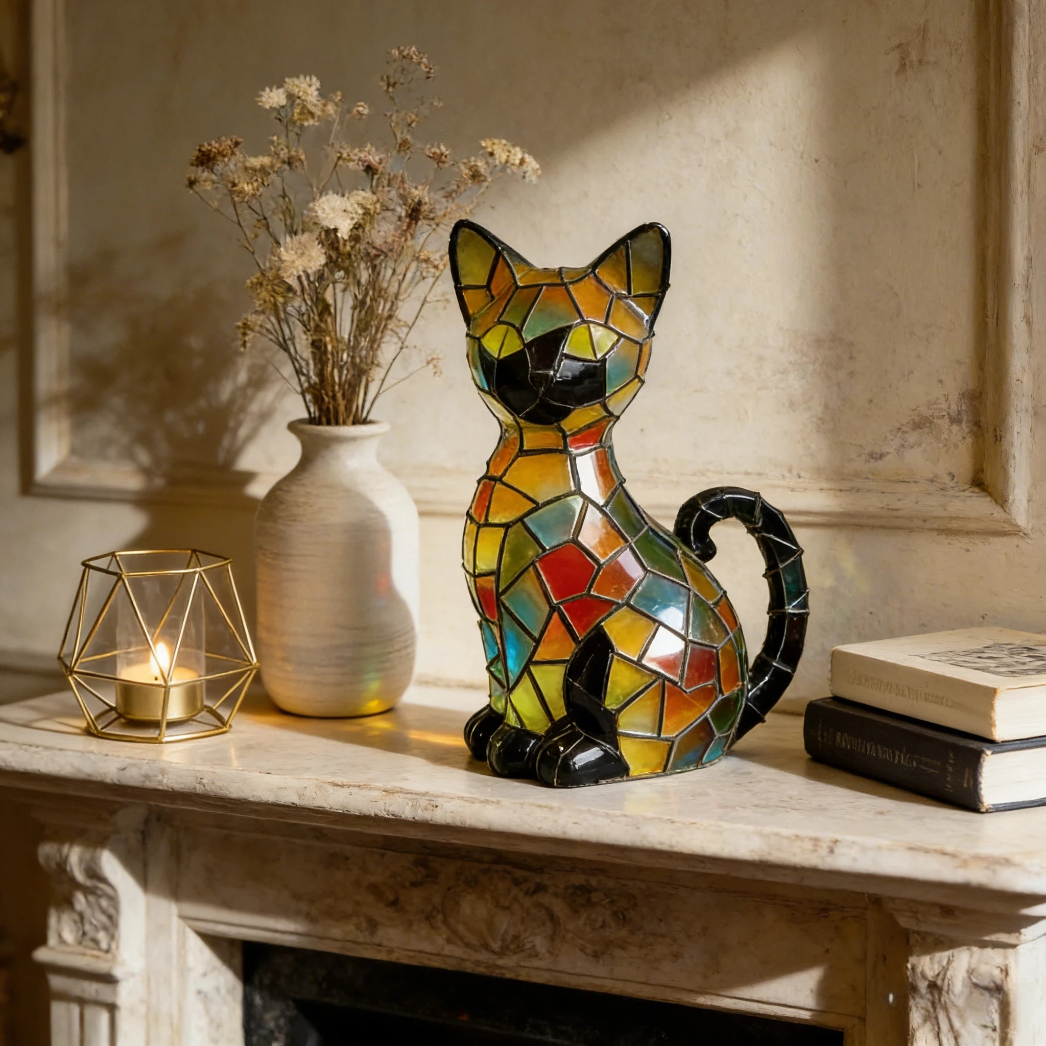 Vintage Tiffany-Style Color-Blocked Resin Cat Figurine, American and European Style Home Decor for Living Room Side Tables, Study Rooms, Bookcases, Shop Window Displays, and Decorative Items, Designed to Create a Mid-C