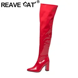 REAVE CAT klasyczne kobiece buty za udo szpiczasty nosek obcasy blokowe 8.5cm 44 45 46 seksowna impreza damska długa Bota