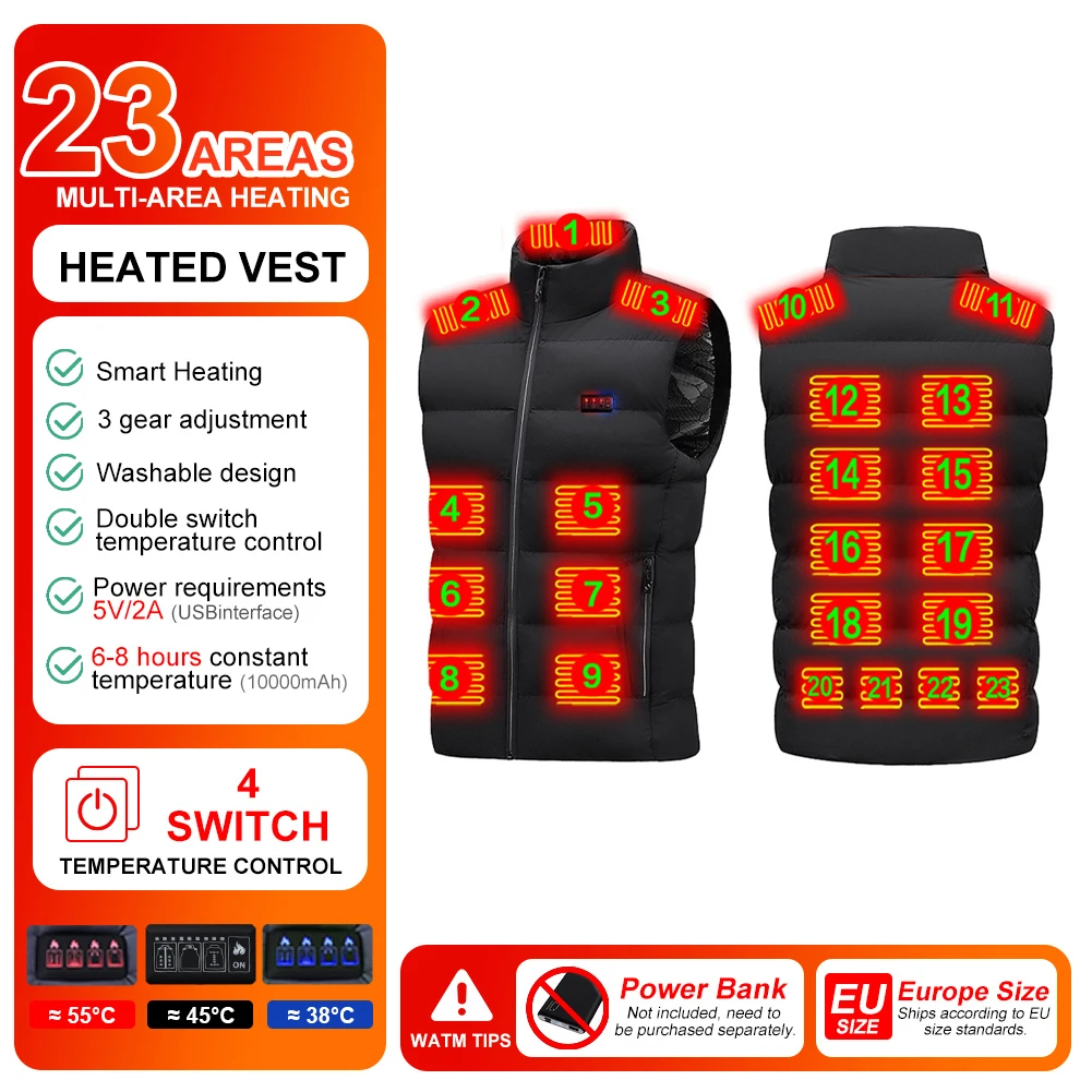 23 Heating Zones Heated Vest for Men Women USB Powered 3 Gear Temperature Control Winter Warm Vest for Outdoor Hiking Camping