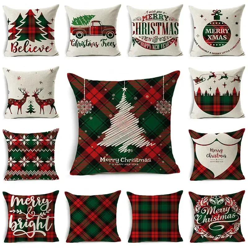 45X45cm Christmas Pillowcase Red Green Pattern Square Zipper Cotton Linen Pillow Cases Bedroom Home Office Decorative Pillowcase