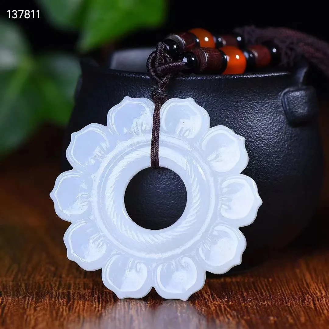 

Natural 100% real white hetian jade carve Lotus flower pendant Bless peace necklace jewellery for men women gifts luck jade