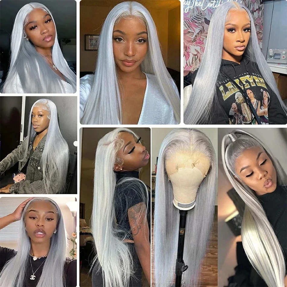 Silver Grey Straight Lace Front Wig Remy Human Hair 613 Colored HD Transparent Lace Frontal Wigs Glueless Pre Plucked