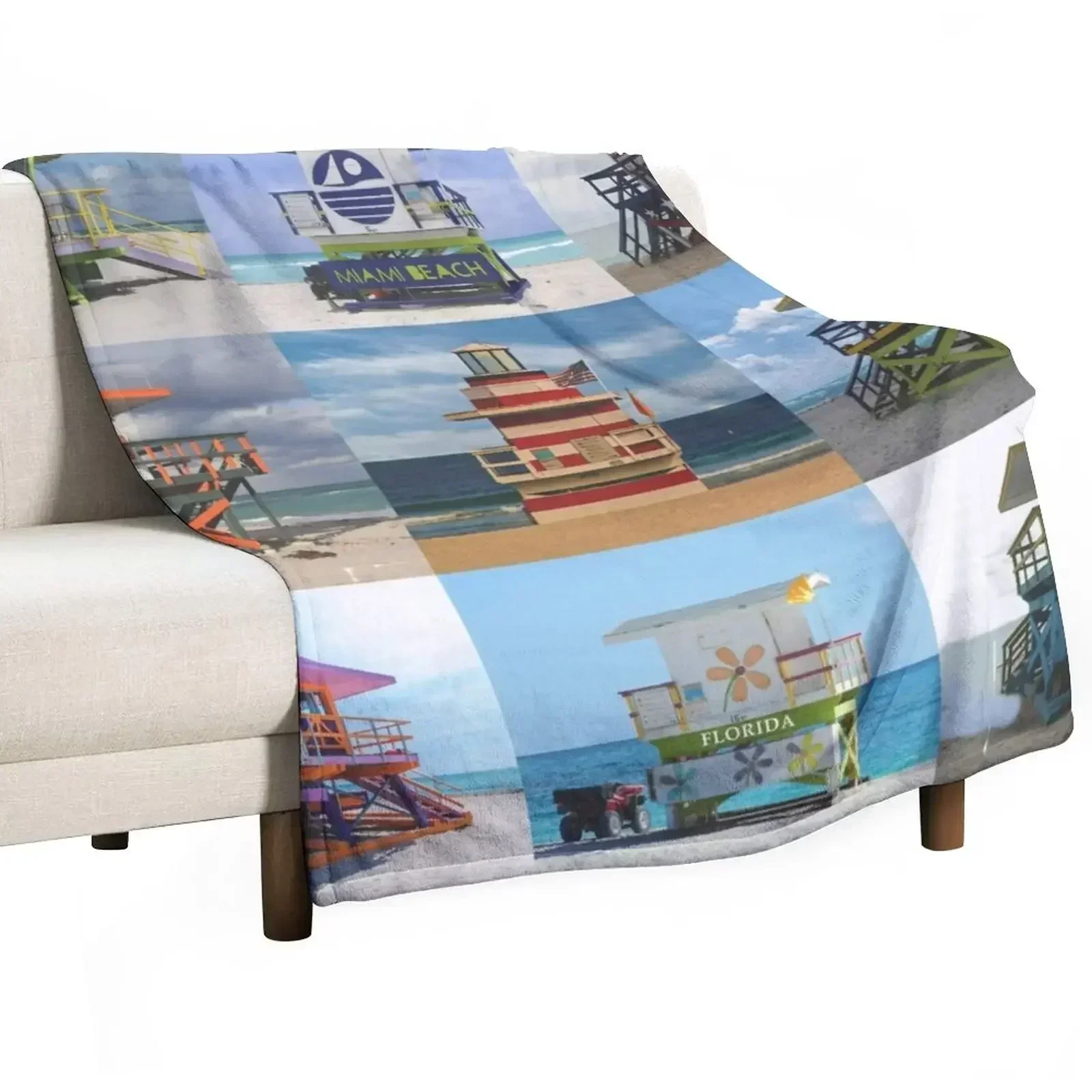 Miami Beach, Florida - Iconic Lifeguard Towers Throw Blanket Soft Luxury Throw Camping Sleeping Bag Blankets